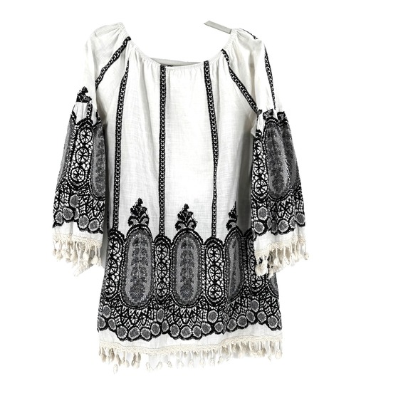 Velzera Off The Shoulder Damask Fringe Tunic Mini Dress Women's Large Boho Chic - Picture 1 of 11